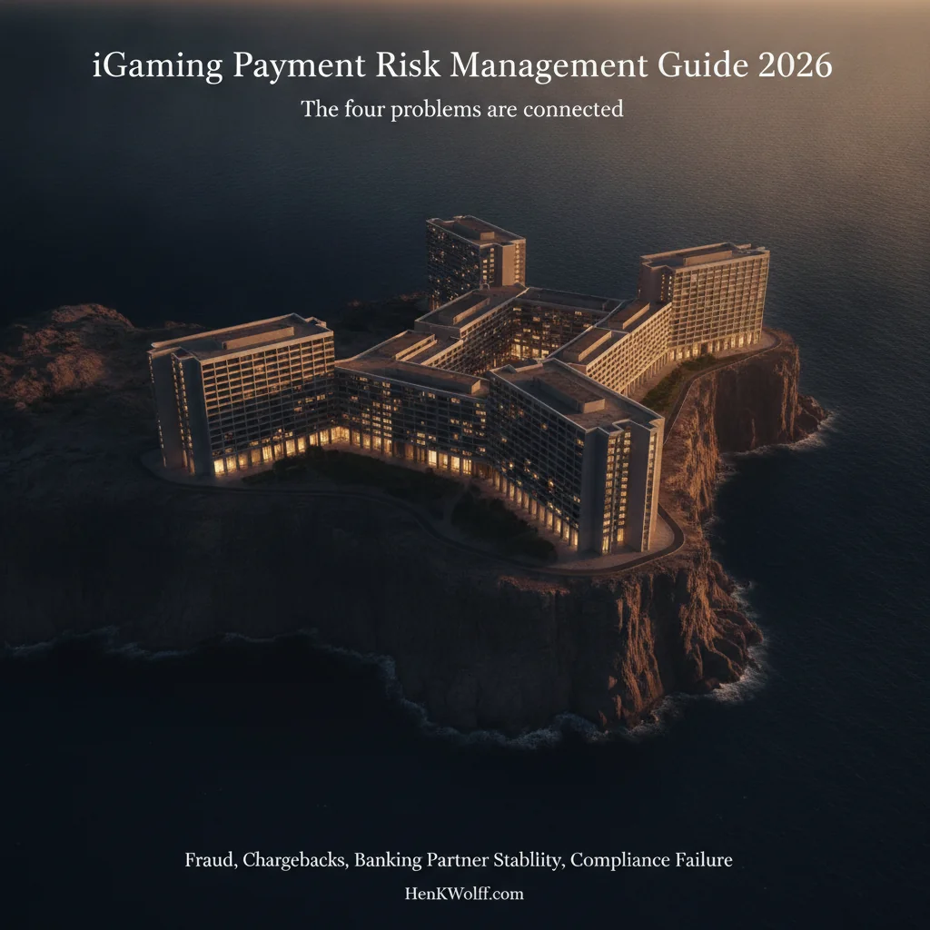 Modern casino-resort on a coastal cliff at twilight, suggesting complex payment risks.
