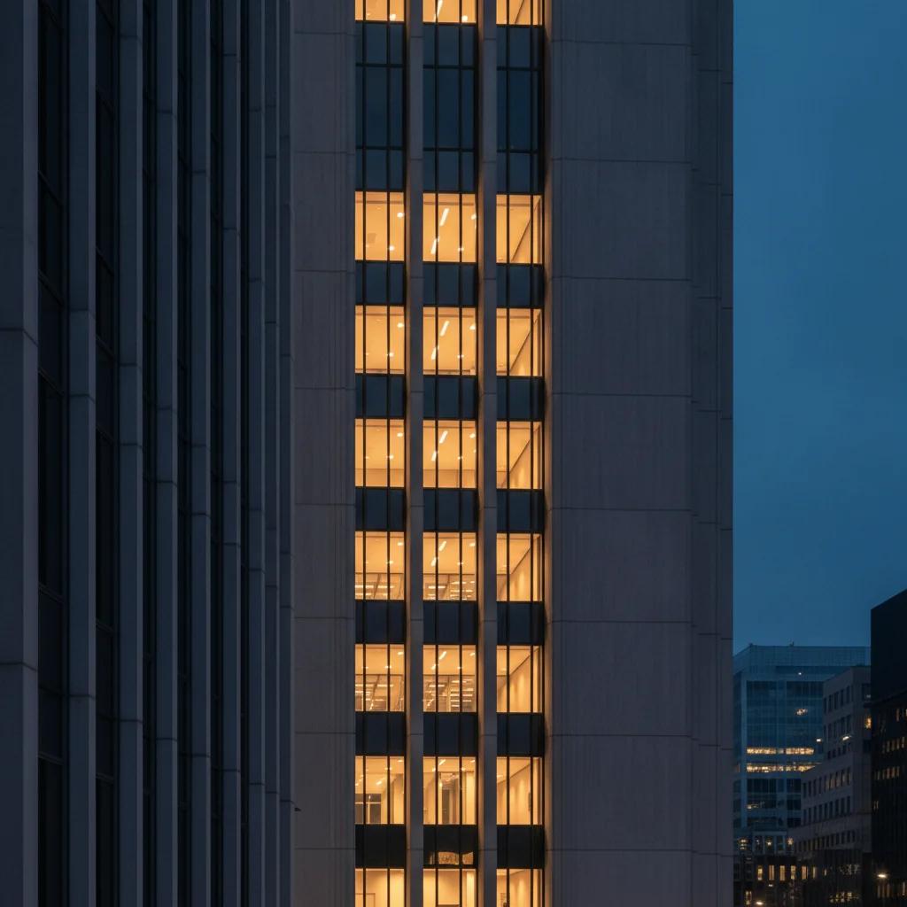 Imposing financial regulatory building exterior at blue hour with warm lights, symbolizing fraud prevention.