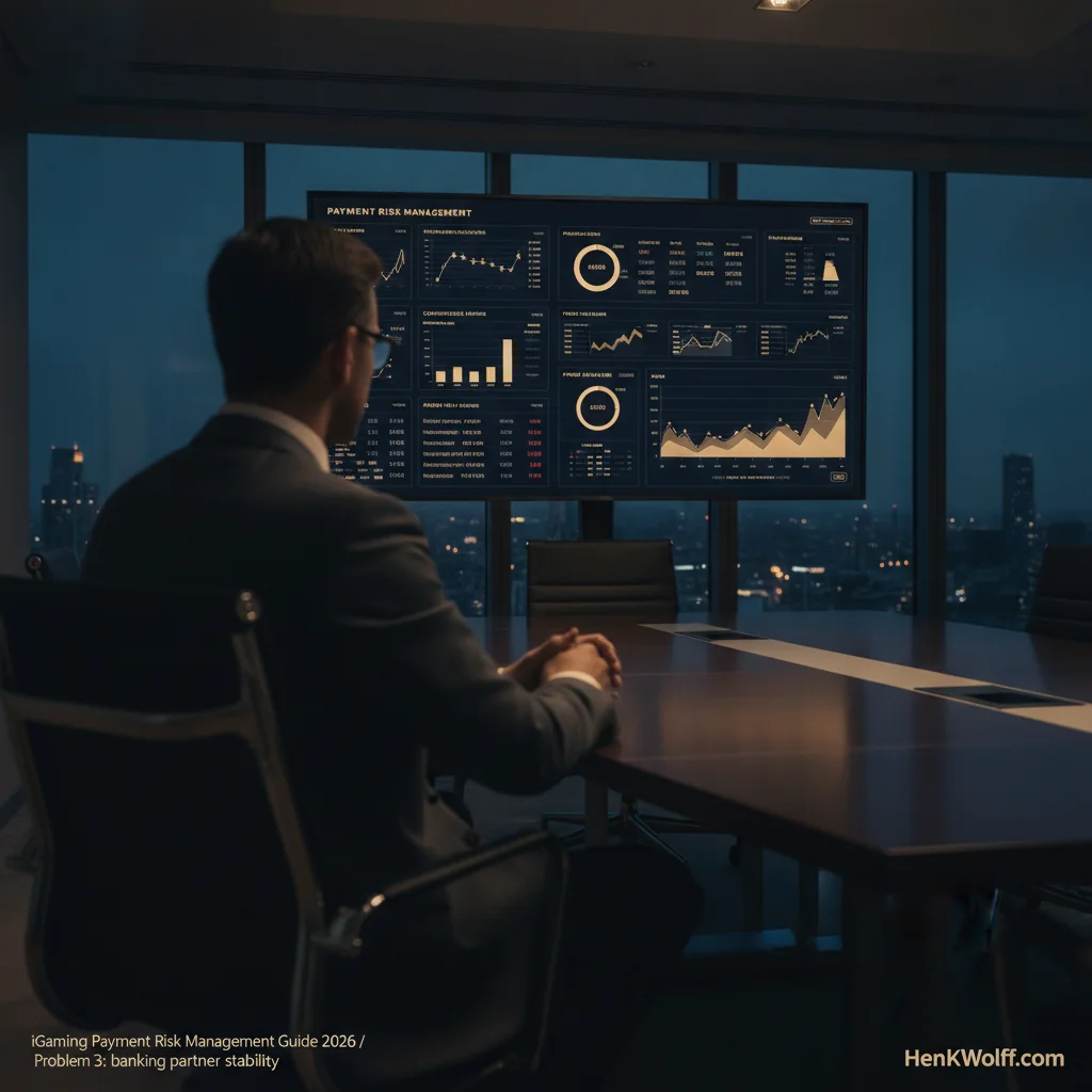 Executive in a modern boardroom, reviewing financial risk data on a screen with a city skyline at twilight.
