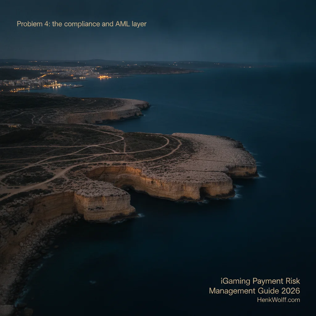 Malta's rugged coastline at blue hour, with distant lights along the shore, from a high vantage point.