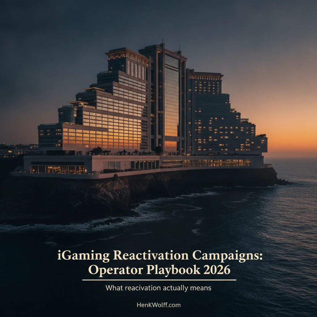 Grand casino-resort building on a coastal cliff at twilight with glowing interior lights