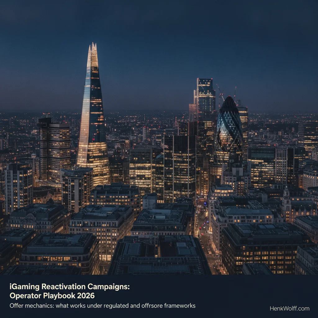 London financial district skyline at dusk, with warm city lights against a deep navy sky.
