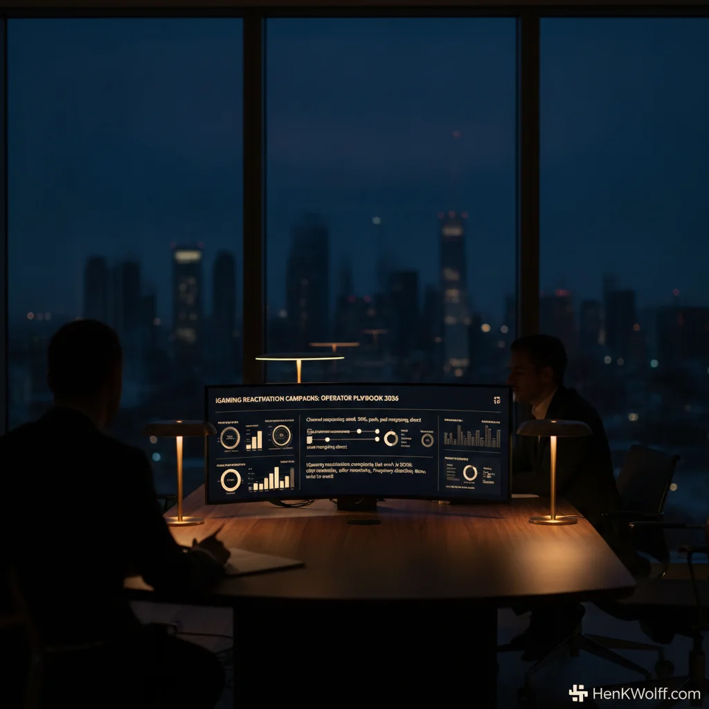Executive office at twilight, digital screens show iGaming reactivation data