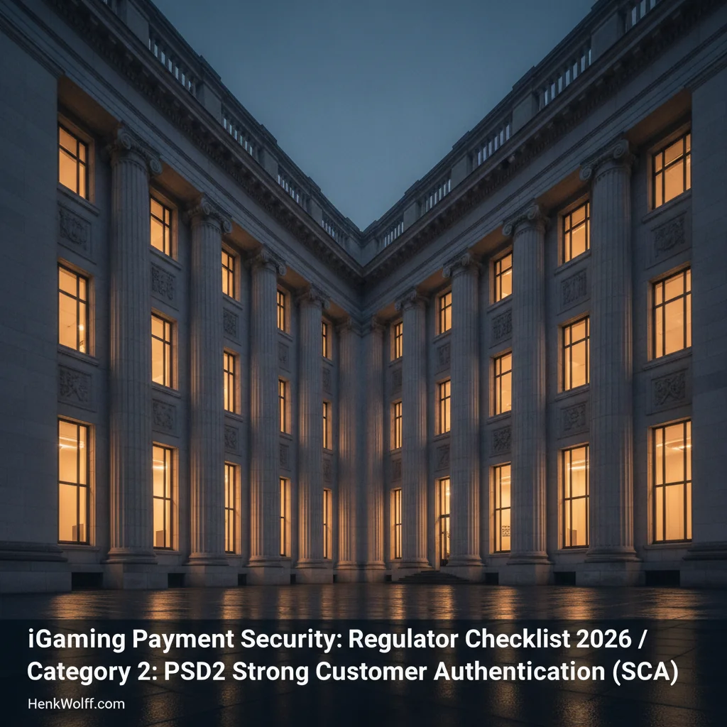 Kansspelautoriteit (KSA) regulator building in The Hague at blue hour, warm interior lights