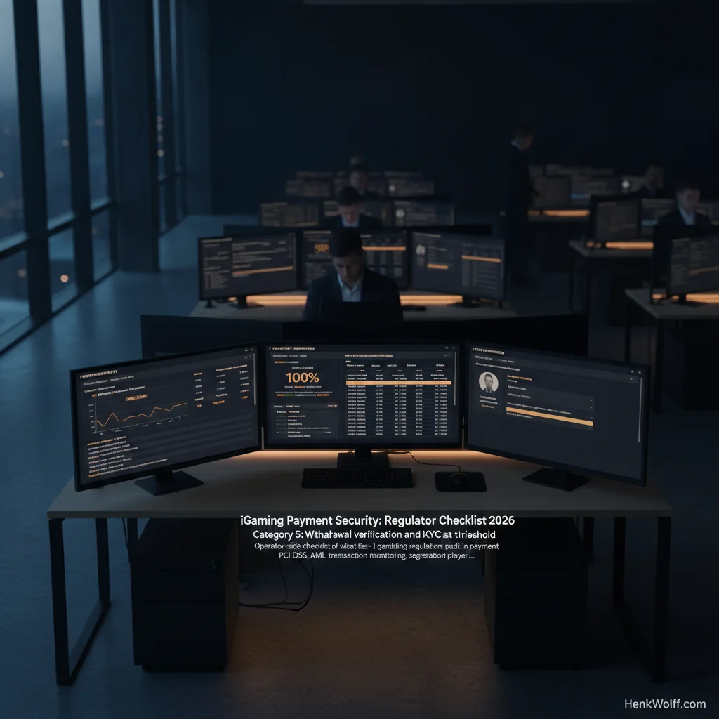 Modern operations center with screens displaying iGaming payment security and KYC data at night.