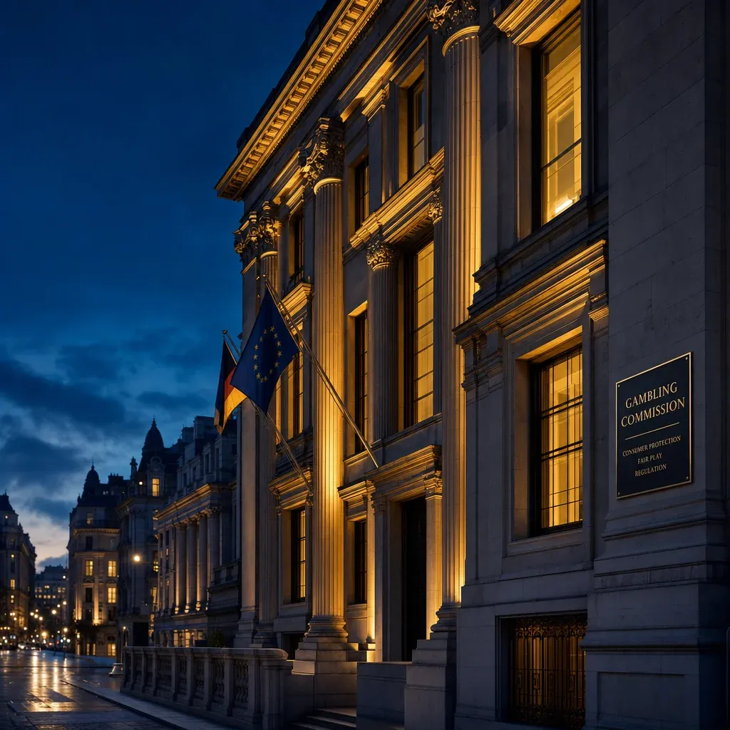 Regulator building exterior in European capital at blue hour