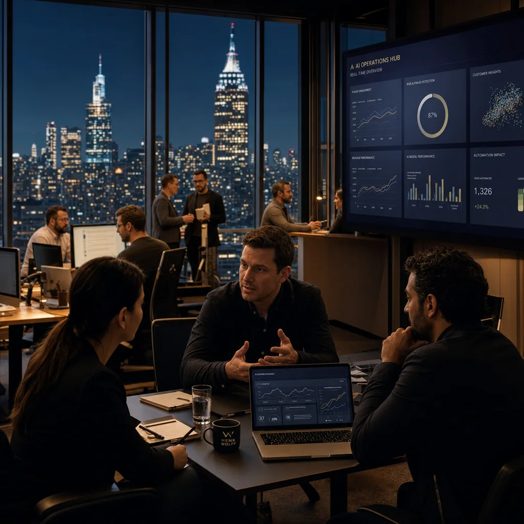Modern office scene depicting iGaming operators discussing AI technology applications