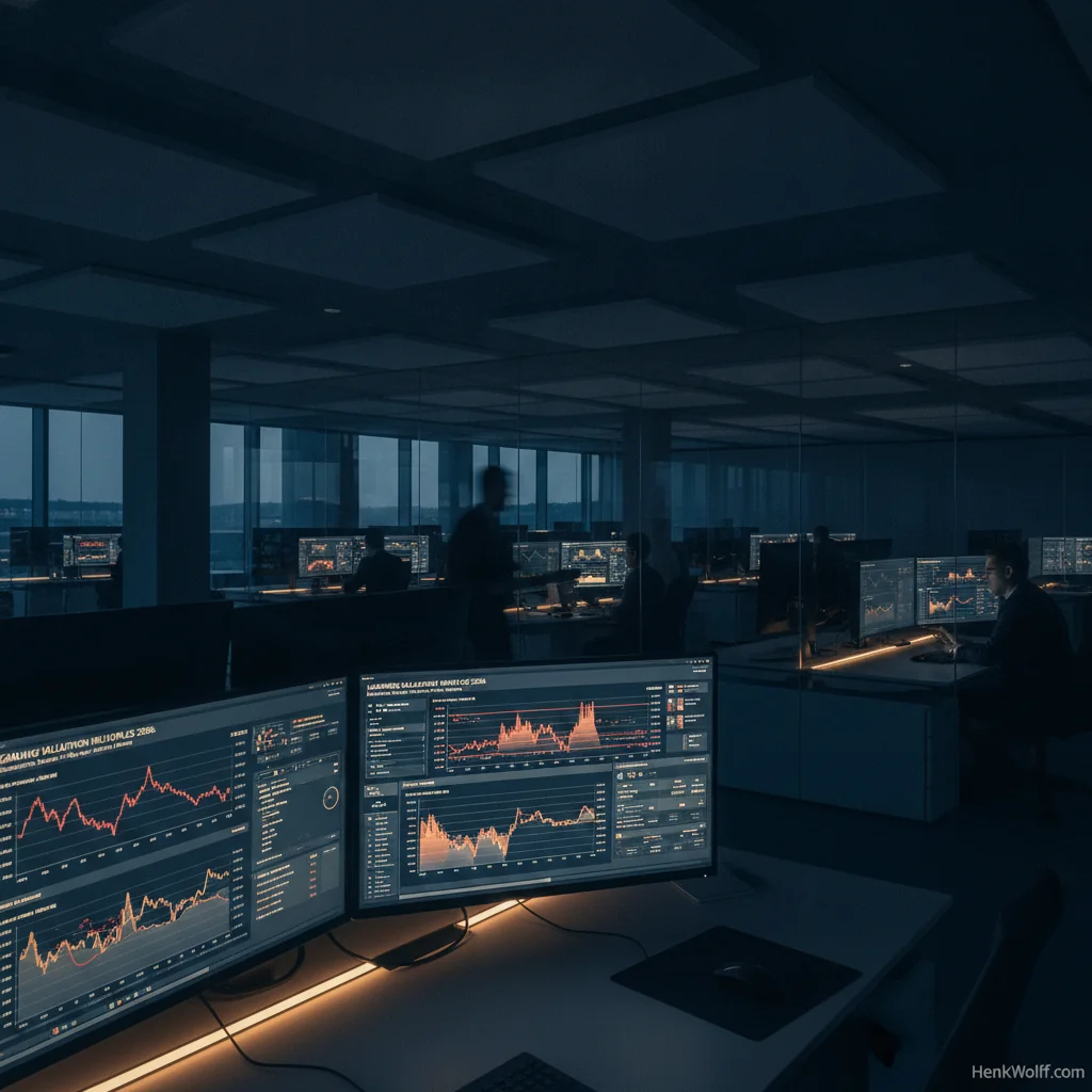 Modern iGaming operations center with screens displaying complex data, deep navy ambient light.