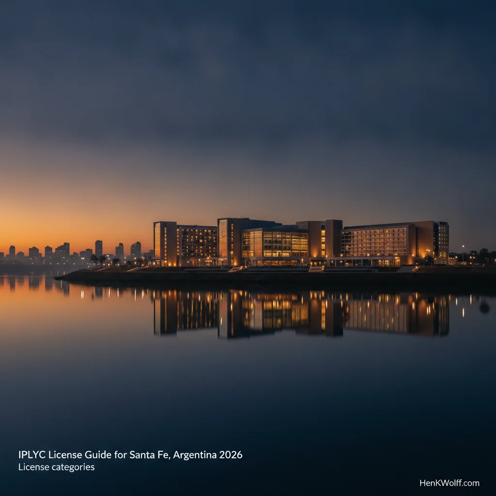 Grand modern casino-resort building on a Santa Fe, Argentina riverbank at twilight