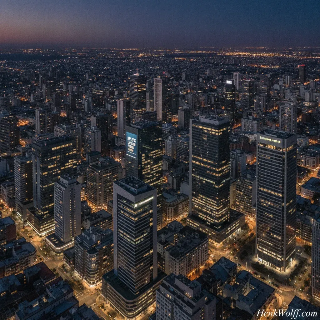 Aerial wide-angle view of Santa Fe, Argentina, financial district at twilight