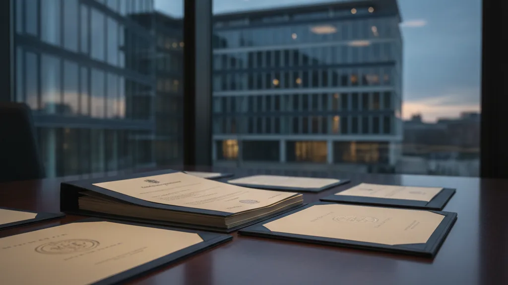 Licence categories represented by embossed certificates on a dark desk - KSA licence types: what is covered