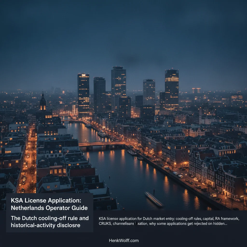 Amsterdam financial district and historic canals at blue hour, with city lights reflecting on water.