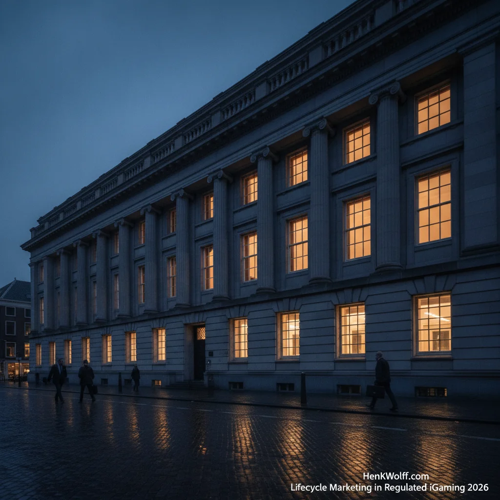 Kansspelautoriteit (KSA) regulator office in The Hague at blue hour, Netherlands