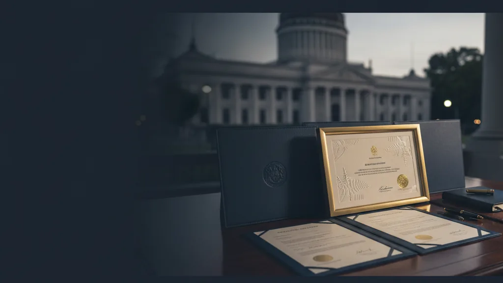 Licence categories represented by embossed certificates on a dark desk - Licence categories