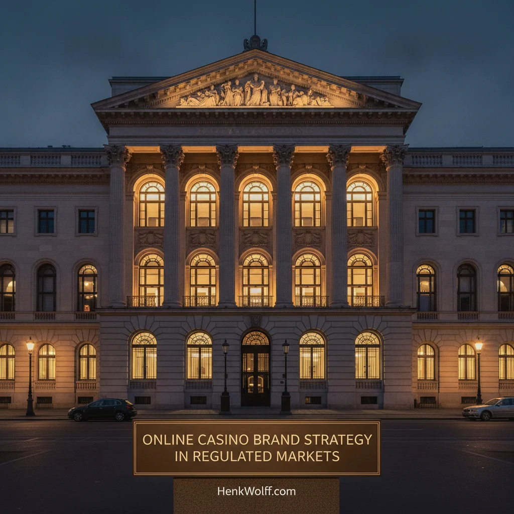 Authoritative neoclassical regulatory building exterior at blue hour in a European capital, warm interior light.