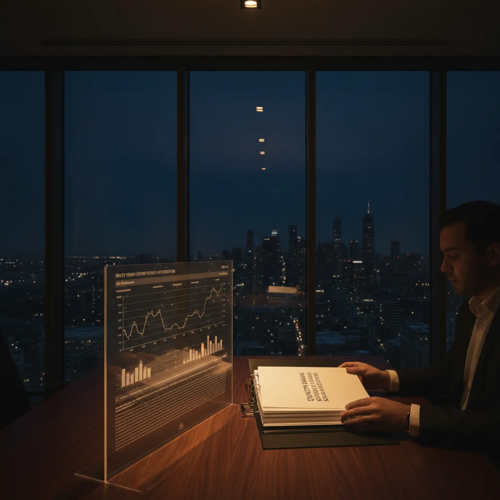 Modern executive office at twilight, professional reviewing brand strategy documents.