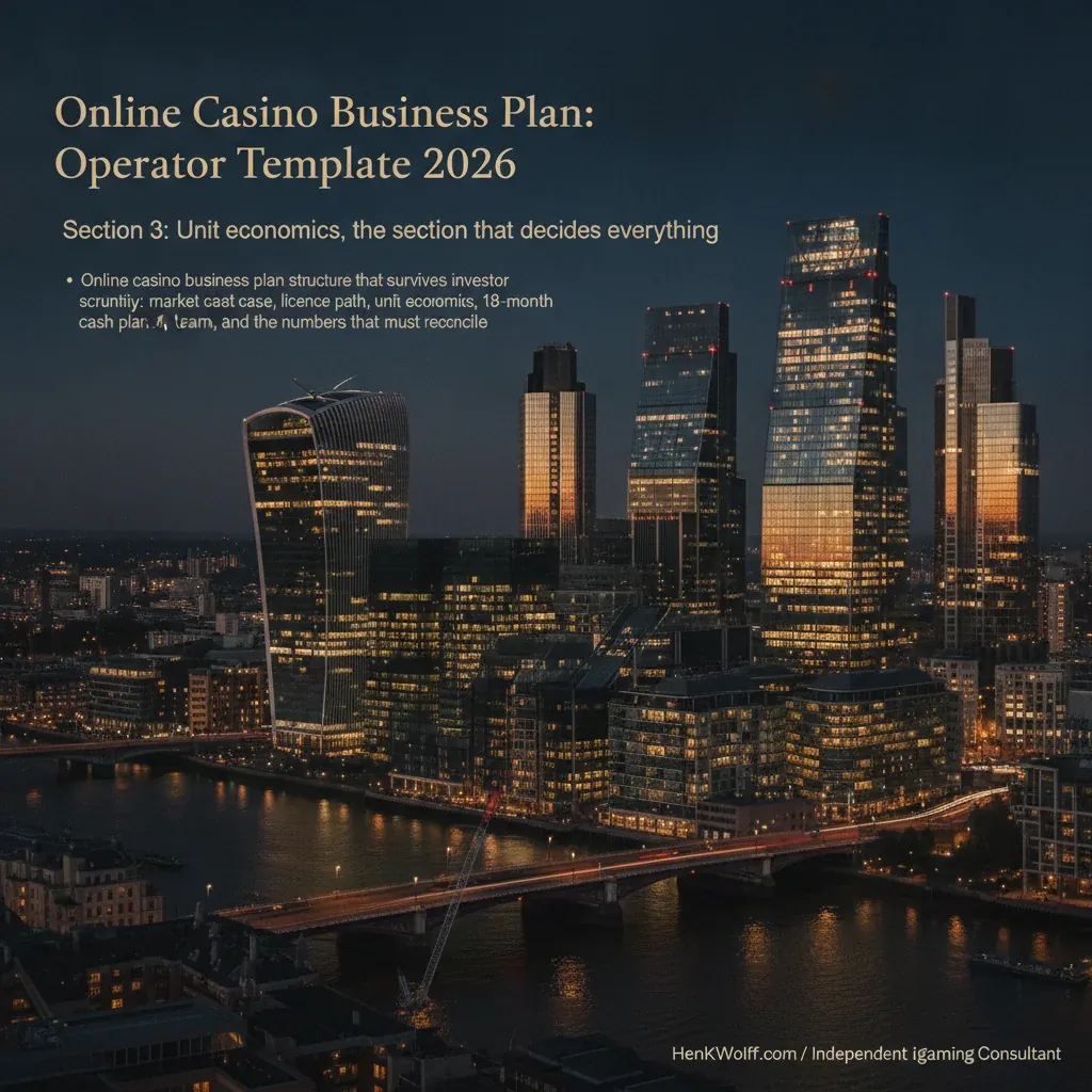 London's Canary Wharf financial district at dusk, with illuminated skyscrapers against a navy sky.