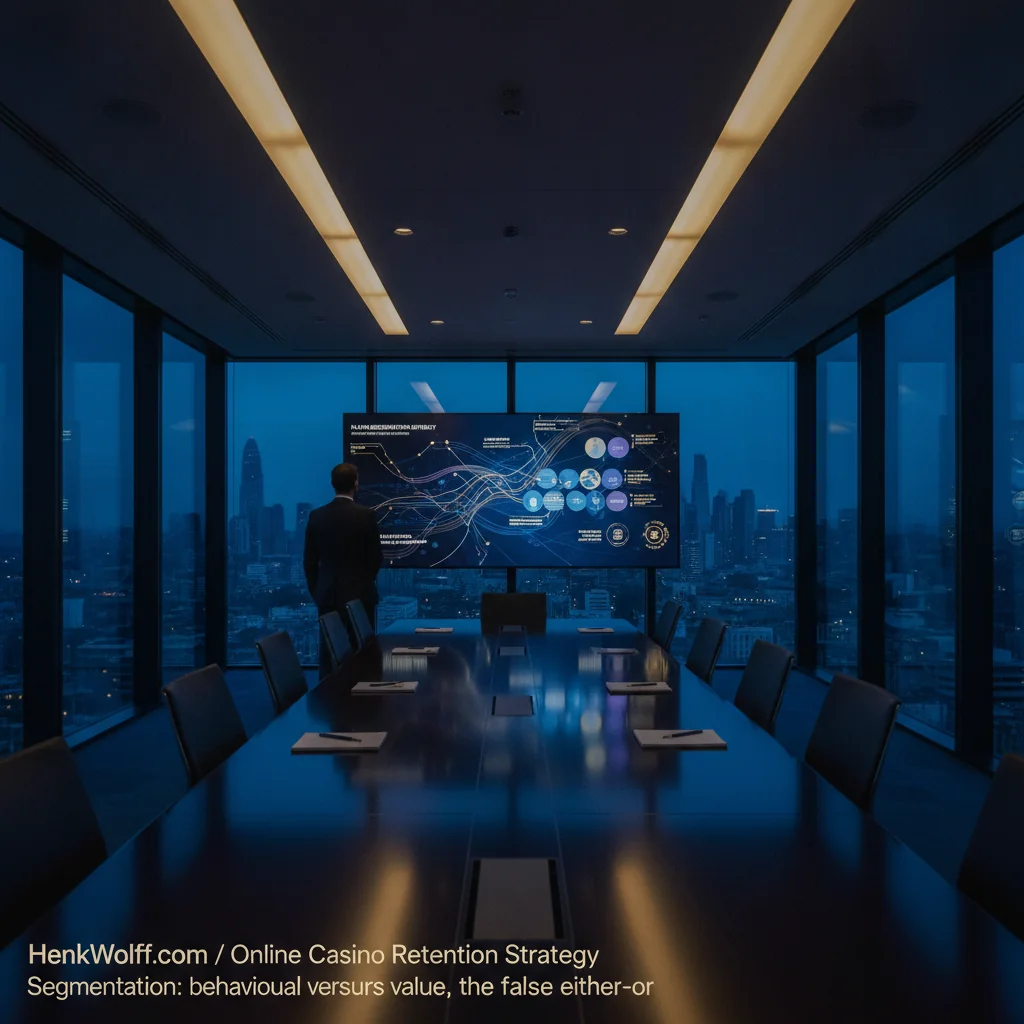 Modern executive boardroom at twilight with a professional figure observing data visualizations related to strategy.