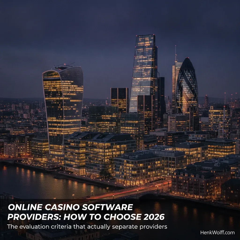 London financial district skyline at dusk, with illuminated office towers.