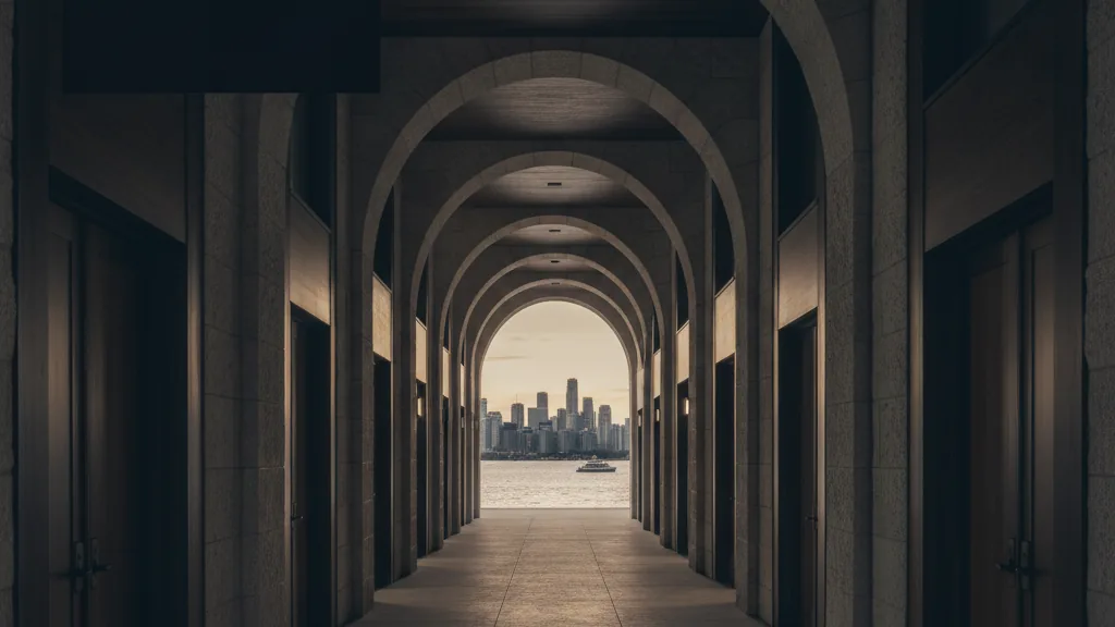 Corridor of doorways representing the application process - Timeline: application to launch