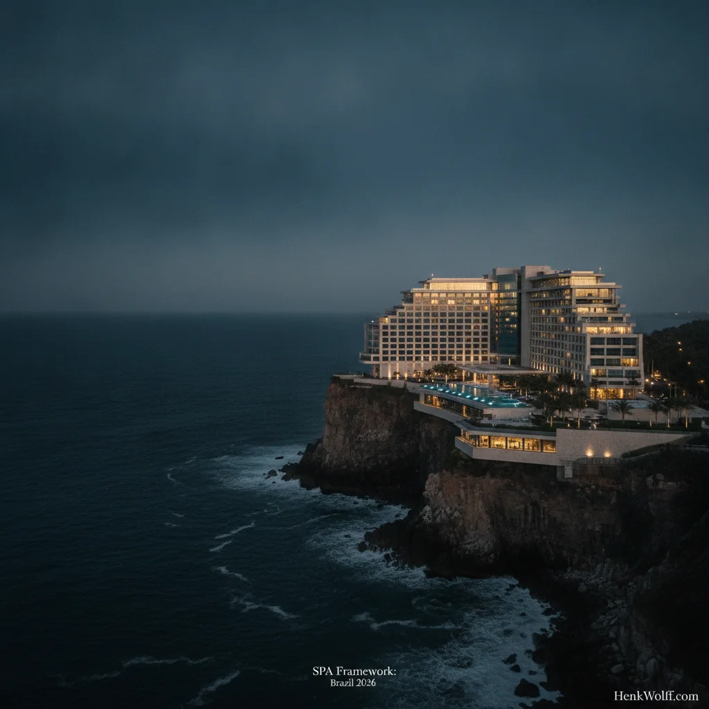Modern casino-resort on a Brazilian coastal cliff at twilight, reflecting Brazil's iGaming market entry.