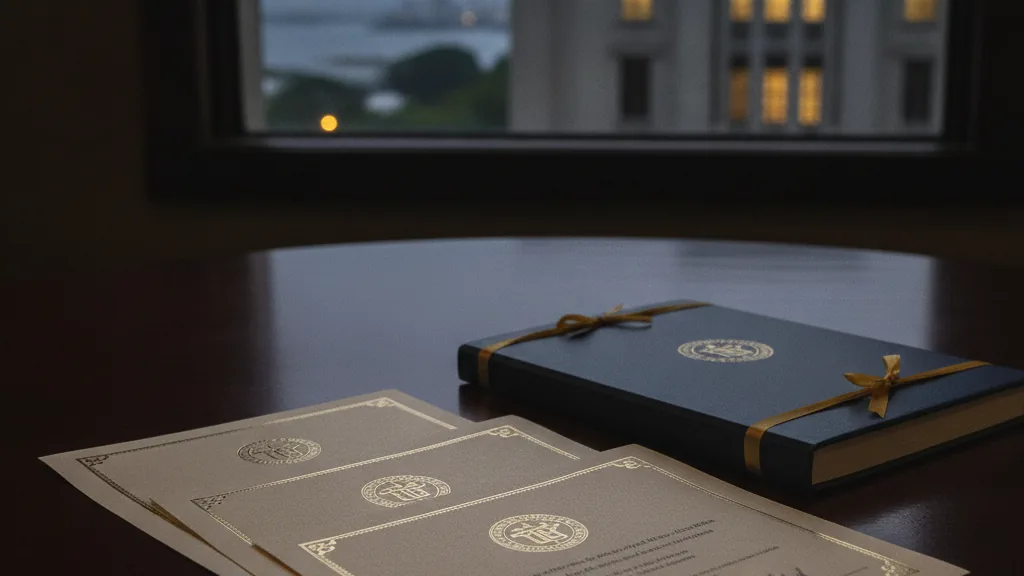 Licence categories represented by embossed certificates on a dark desk - Current licence categories