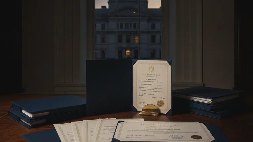 Licence categories represented by embossed certificates on a dark desk - Licence categories (proposed)