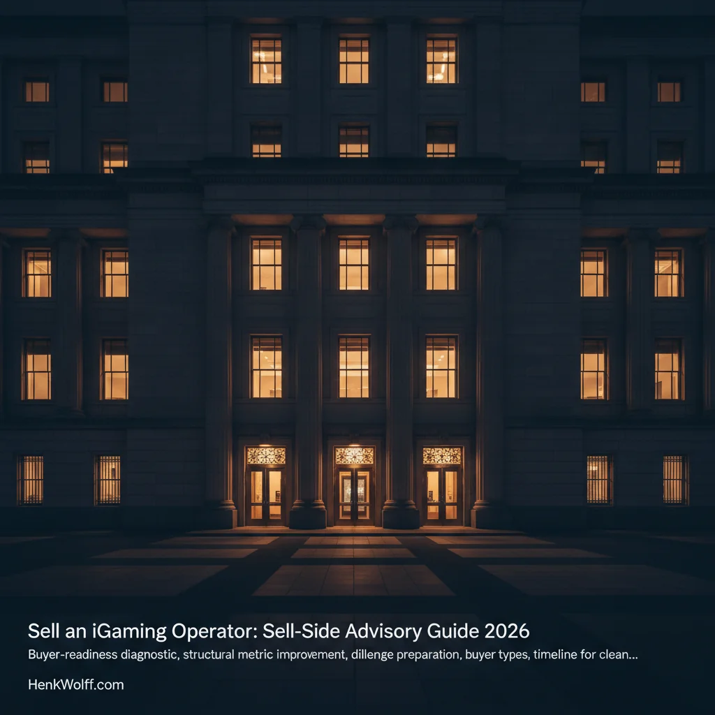 Authoritative regulator building exterior at blue hour with warm interior light