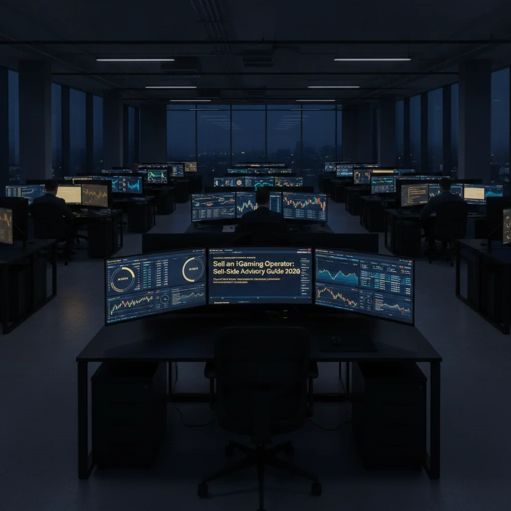 Modern iGaming operations center with screens displaying financial data at twilight.