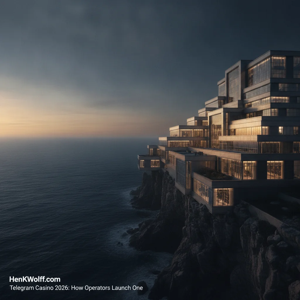 Modern coastal casino-resort at twilight with warm glowing windows.