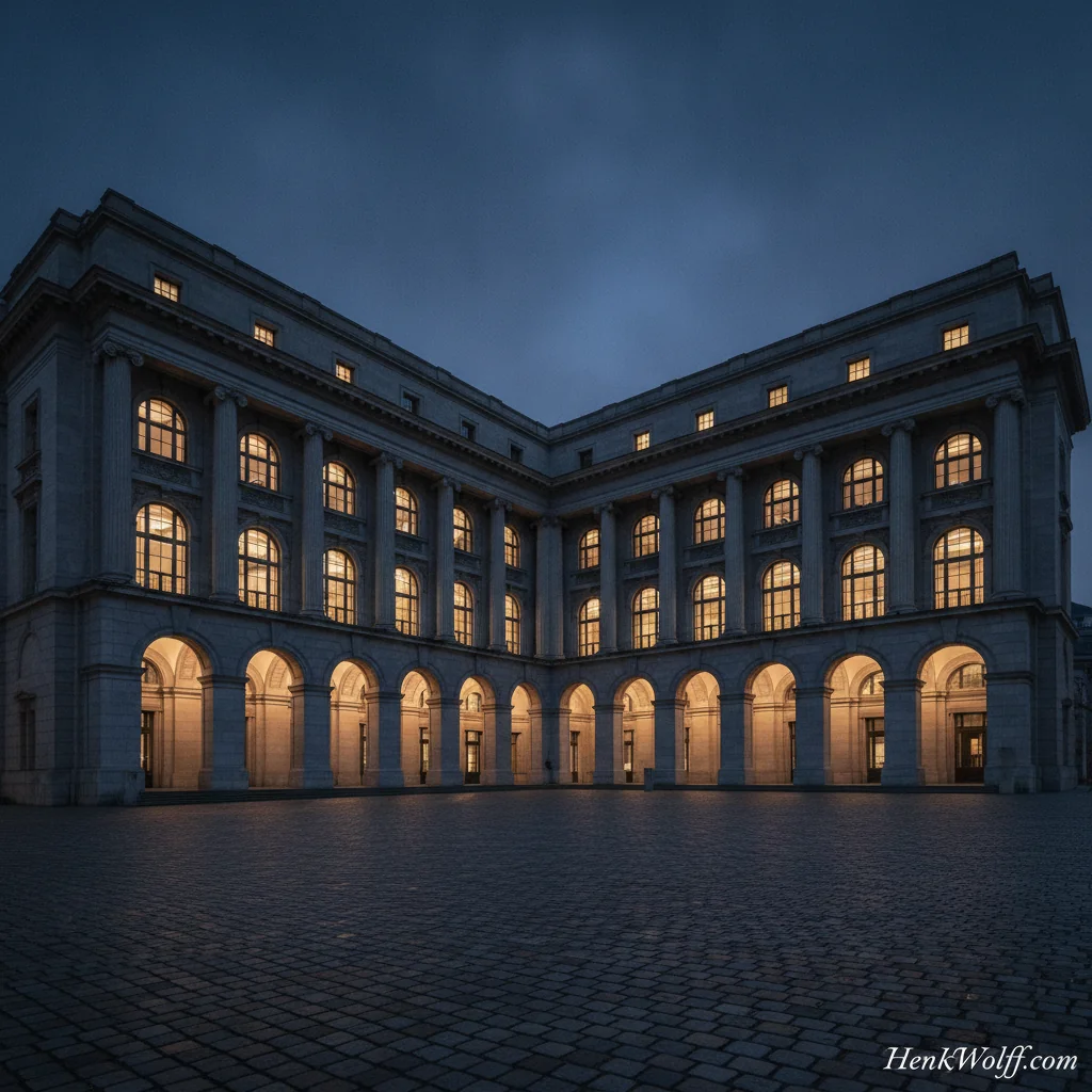 European gambling regulator building with neoclassical architecture at blue hour, warm interior lights visible.