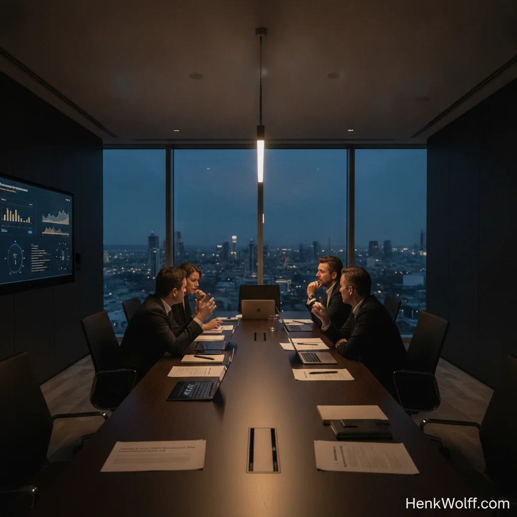 iGaming executives in a modern boardroom at twilight, discussing acquisition strategy.