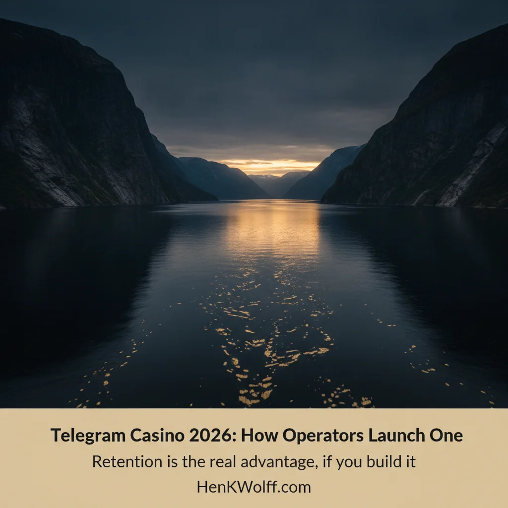 Serene, deep fjord at twilight, reflecting golden light from the distant horizon.