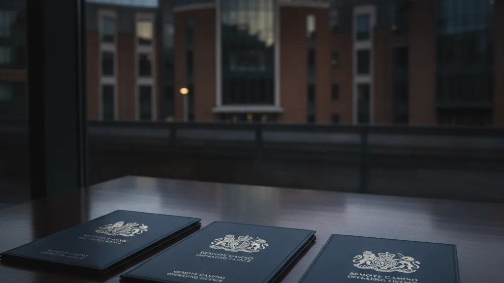 Licence categories represented by embossed certificates on a dark desk - The three UKGC licence types operators need
