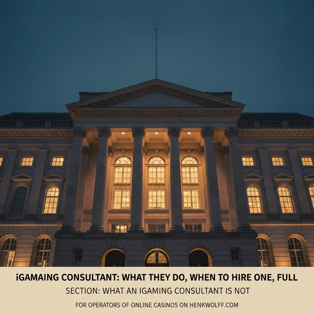 Stately neoclassical government building exterior in The Hague at blue hour with warm interior lights.