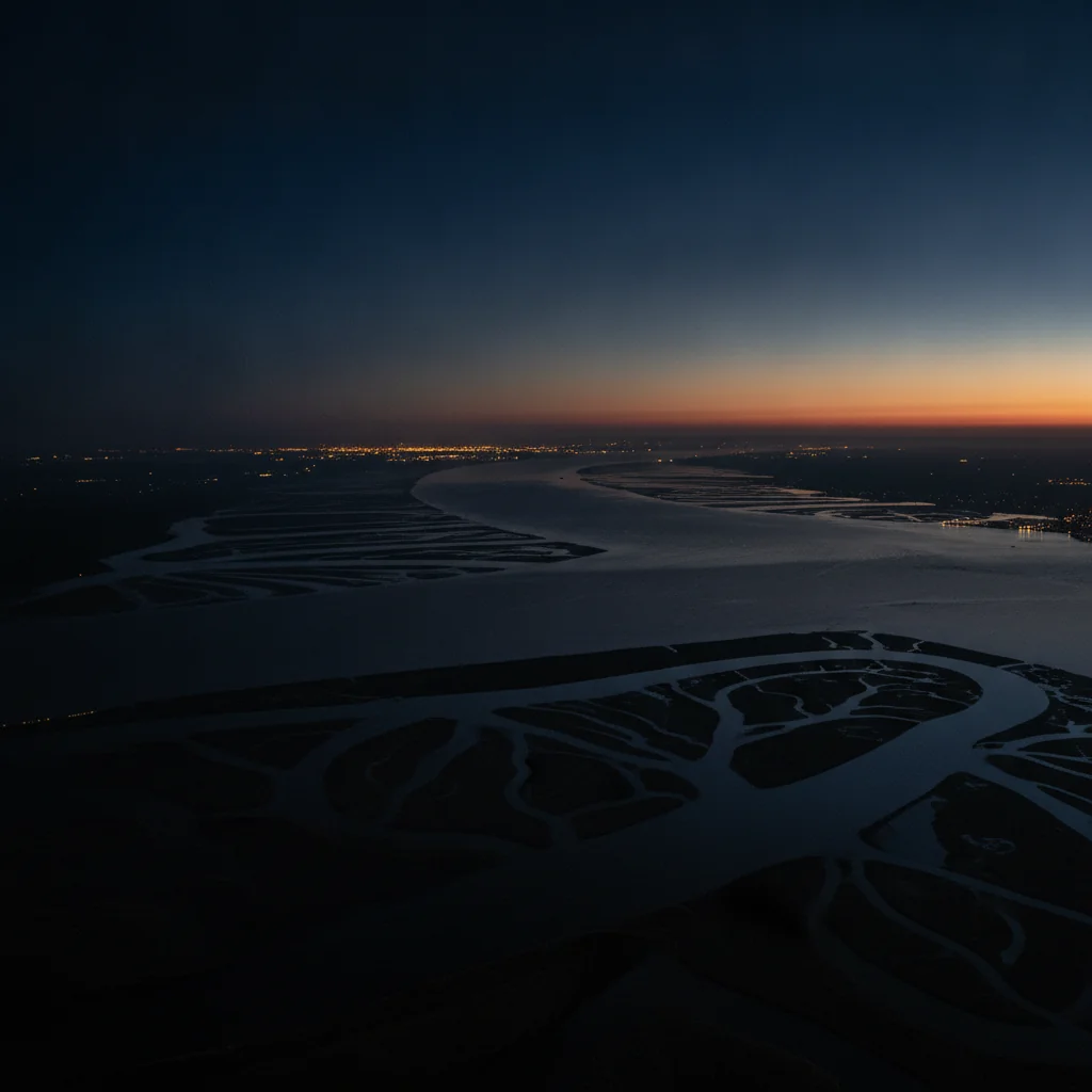 Vast river delta landscape at twilight, suggesting new market entry and strategic navigation.