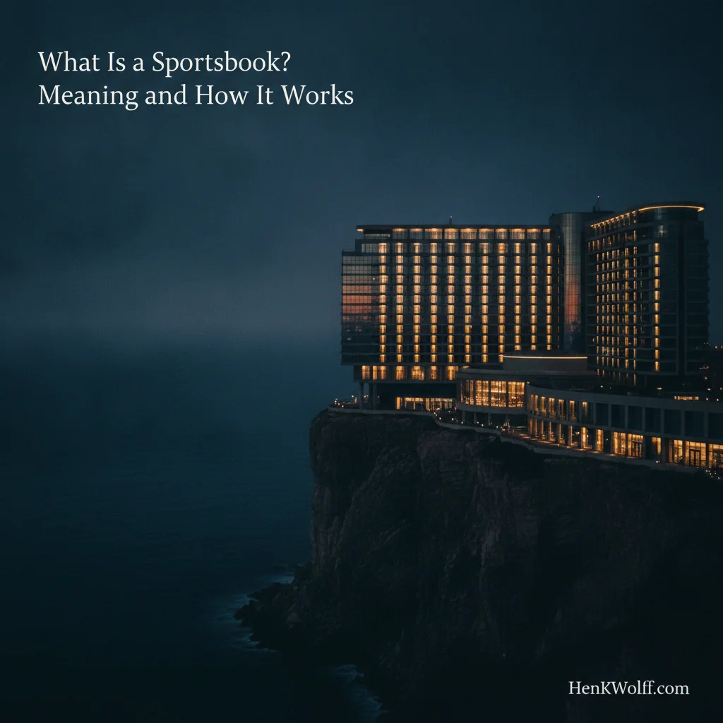 Casino-resort building on a coastal cliff at twilight with golden interior light