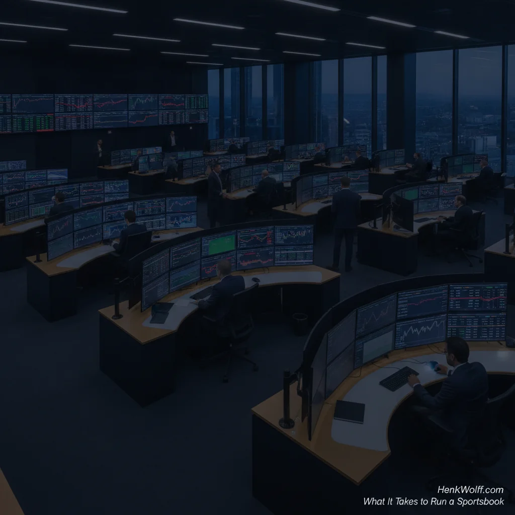 Modern sportsbook operations center with rows of screens displaying data, deep navy ambient light.