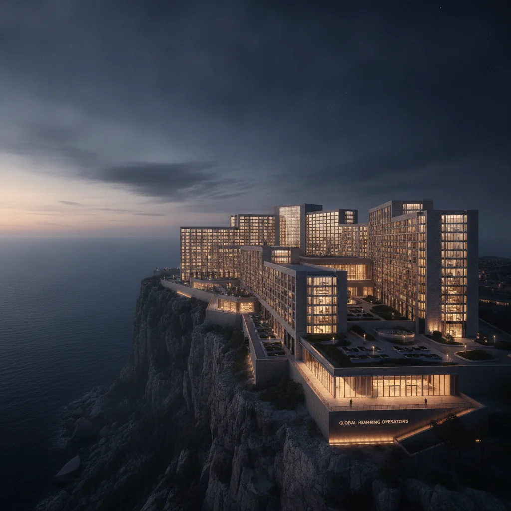 Modern coastal casino-resort on a cliff at twilight, warm gold light from windows, deep navy ocean.