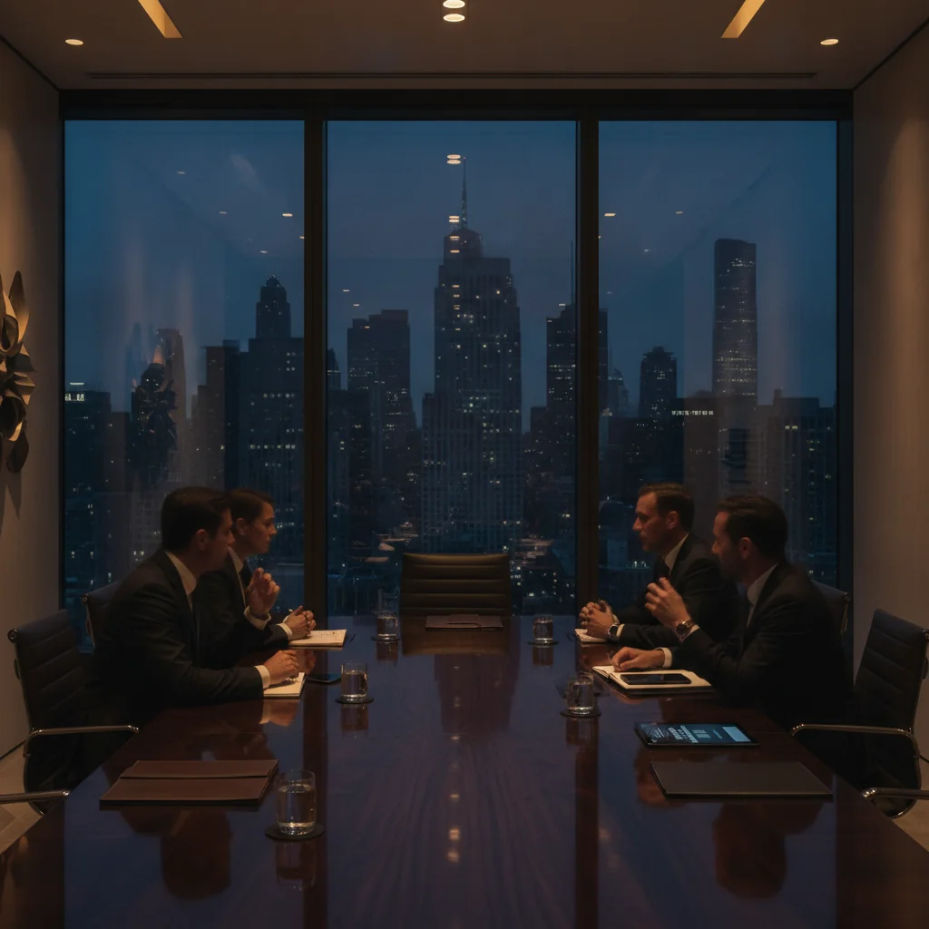 Modern executive boardroom at twilight overlooking a city skyline with professional figures.