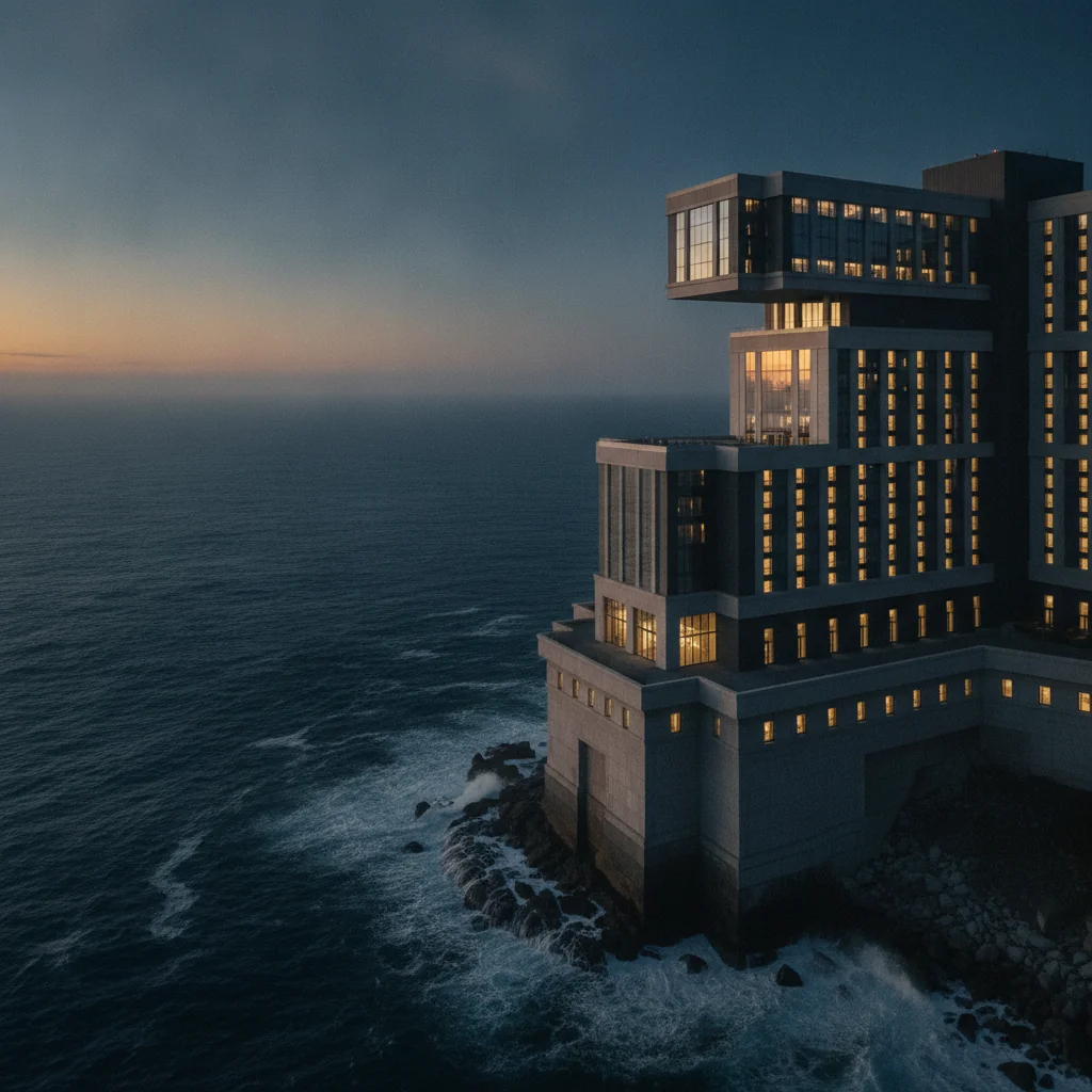 Grand casino-resort building on a coastal cliff at twilight, symbolizing RNG's role in casino fairness.
