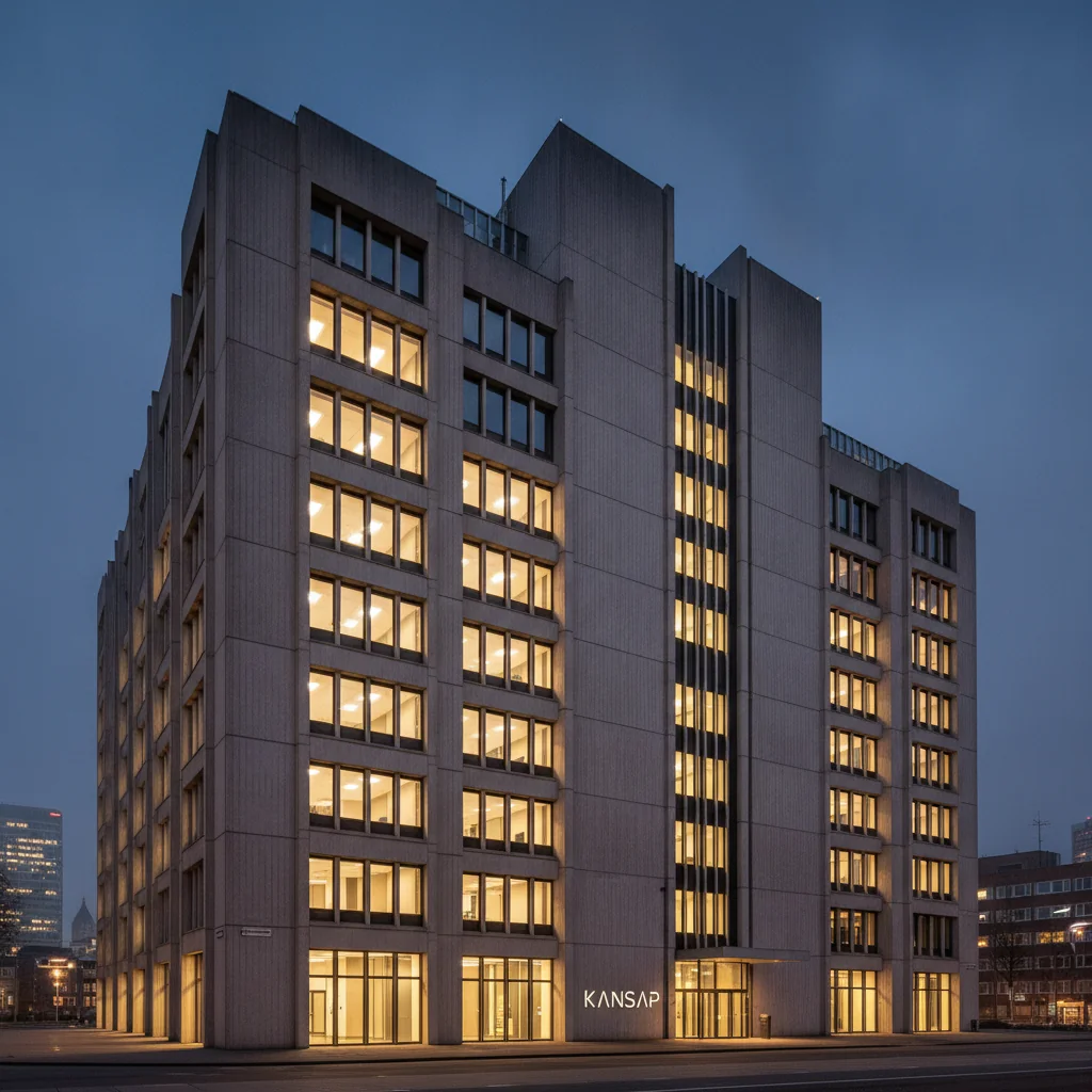 Kansspelautoriteit regulator office in The Hague at blue hour, warm interior lights through windows