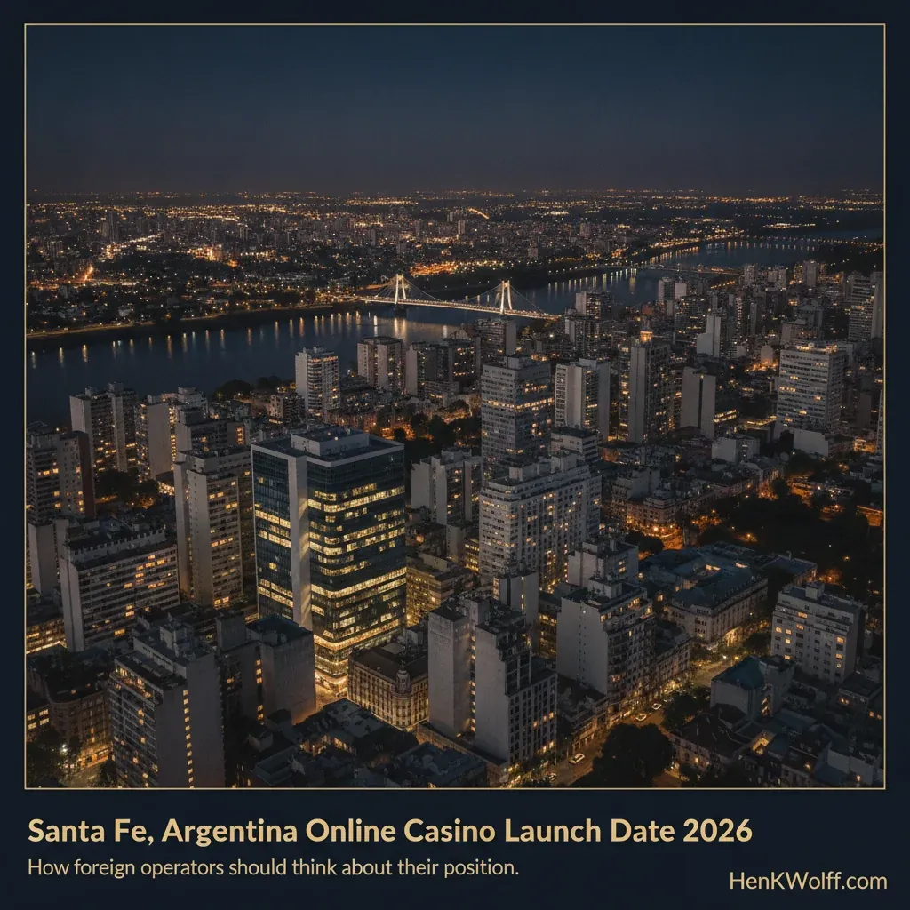 Elevated wide-angle photograph of Santa Fe, Argentina's lit urban core at dusk, with the Suspension Bridge.