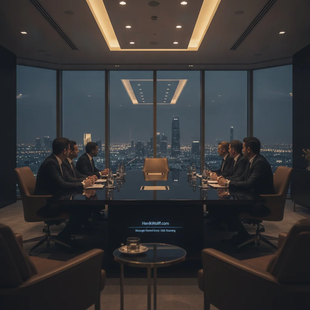 Executive boardroom overlooking a modern Middle Eastern city skyline at twilight.