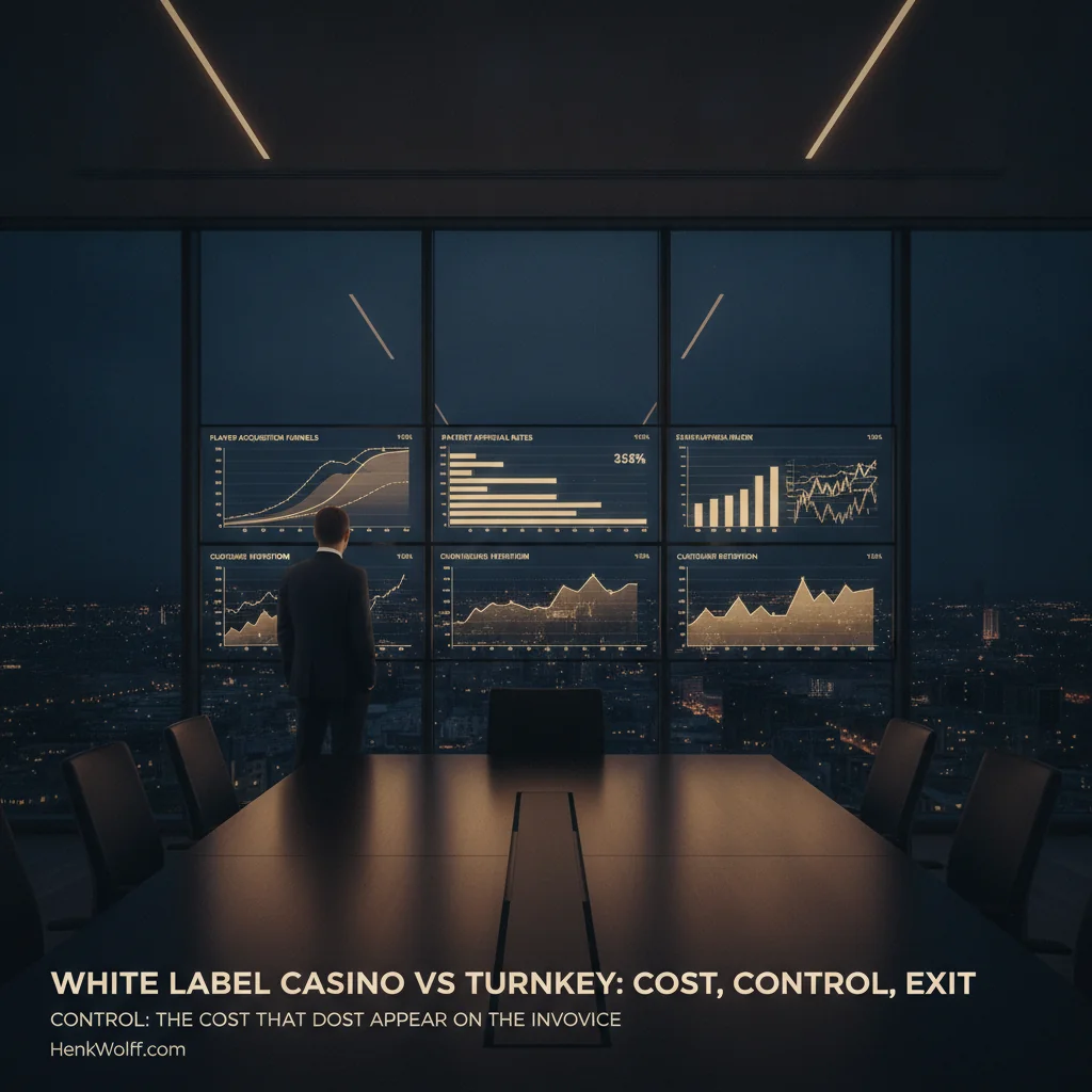 Modern boardroom overlooking a city skyline at twilight, showing strategic iGaming data screens.