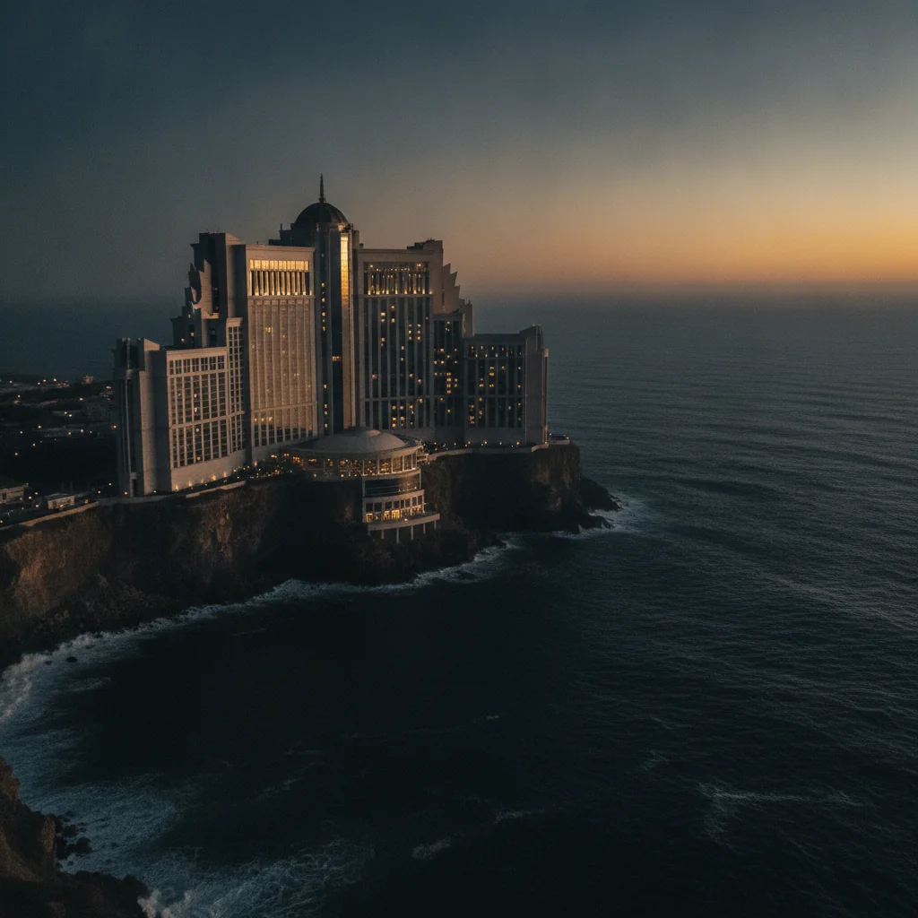 Grand modern casino-resort building on a dramatic coastal cliff at twilight, warm interior glow.