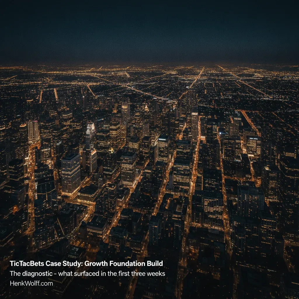 Aerial view of a sprawling global iGaming hub city at night, with golden lights illuminating a complex urban landscape.